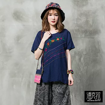 【潘克拉】斜縫線繡花捲T(3色)-F FREE藍