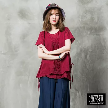 【潘克拉】兩側綁繩皺花上衣(3色)-F FREE紅