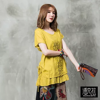 【潘克拉】兩側綁繩皺花上衣(3色)-F FREE黃