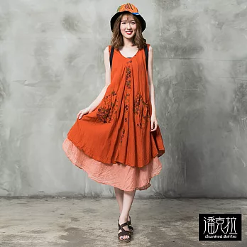 【潘克拉】印花雙口袋連身裙(3色)-F　FREE橘