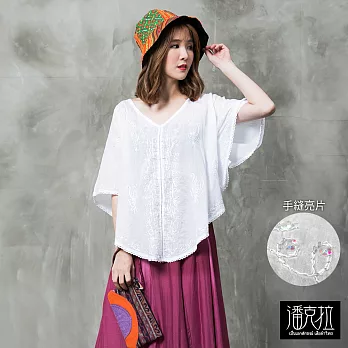 【潘克拉】繡線亮片蝴蝶袖上衣-F FREE白