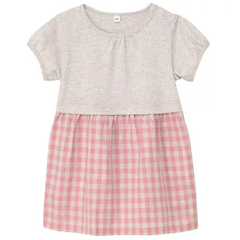 [MUJI無印良品]幼兒有機棉輕鬆活動舒適拼接平織布短袖長版衫80粉紅格紋