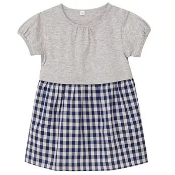 [MUJI無印良品]幼兒有機棉輕鬆活動舒適拼接平織布短袖長版衫80藍格紋