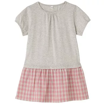 [MUJI無印良品]兒童有機棉輕鬆活動舒適拼接平織布短袖長版衫110粉紅格紋
