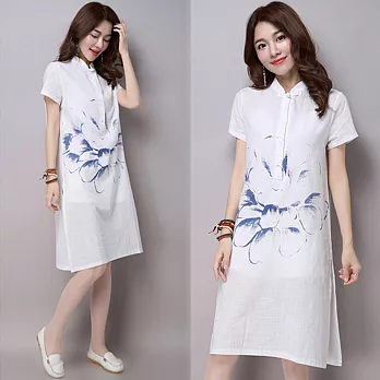 【NUMI】森-蓮花藍色剪影短袖連衣裙(M-XL可選)M白色