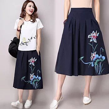 【NUMI】森-寬鬆顯瘦精緻印花棉麻裙(M-2XL可選)2XL藏青色