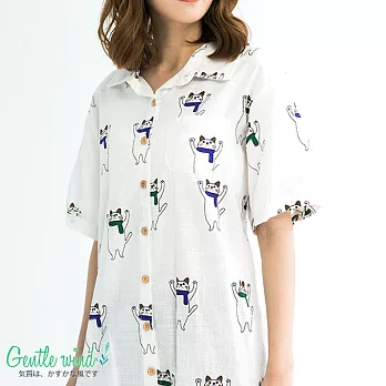 【Gentle wind 輕輕.吹】動物印花長版襯衫(2色)-F FREE白貓