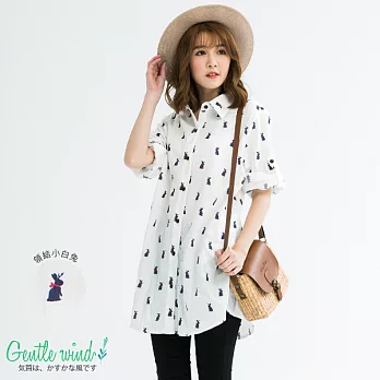 【Gentle wind 輕輕.吹】領結小兔長版襯衫(2色)-F FREE白