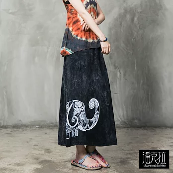 【潘克拉】大象圖案石洗長裙(2色)-F　FREE黑