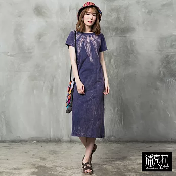 【潘克拉】羽毛領石洗連身裙(2色)-F　FREE紫
