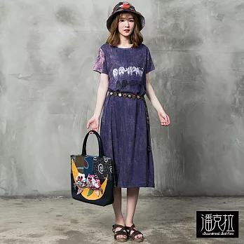 【潘克拉】十象圖案石洗連身裙(2色)-F　FREE紫