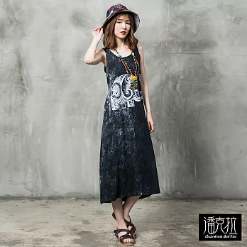 【潘克拉】大象圖案石洗背心裙-F FREE黑