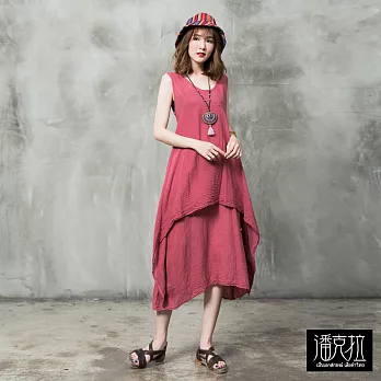 【潘克拉】知性素色層次連身裙(3色)-F　FREE粉