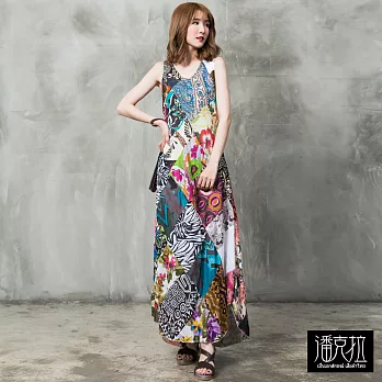 【潘克拉】花色拼布連身裙-F FREE拼色