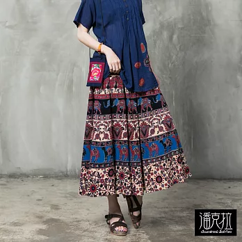 【潘克拉】繽紛插圖印度花裙(3色)-F FREE藍系
