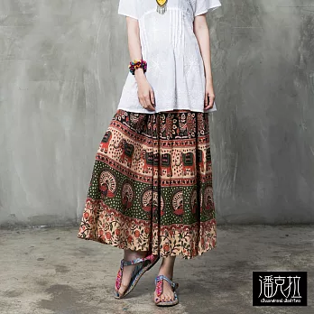 【潘克拉】繽紛插圖印度花裙(3色)-F FREE綠系