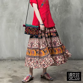 【潘克拉】繽紛插圖印度花裙(3色)-F FREE卡系