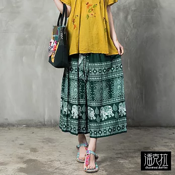 【潘克拉】綁帶大象圖騰寬褲(綠)-F FREE綠