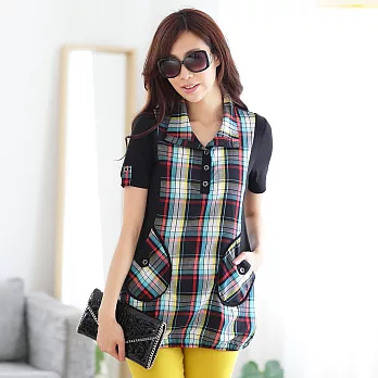 【模兒空間AMOR SPACE】S1021 經典潮流格紋拼接長版上衣