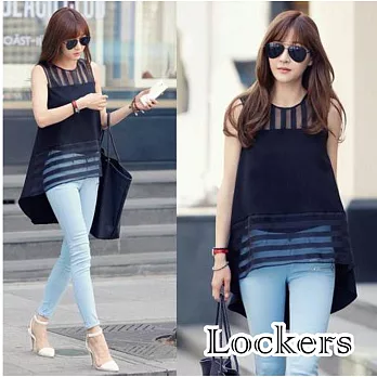 【Lockers 木櫃】 歐根紗拼接前短後長燕尾款無袖長版T恤(深藍色)