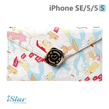 【日本 PGA-iJacket】正版迪士尼iPhone SE/5/5s 金色印花扣皮革信封造型側翻式系列(附鏈帶)-愛麗絲097愛麗絲