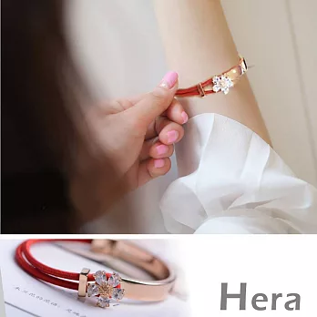 【Hera】赫拉 奢華大鋯石花朵皮繩鍍金開口手環/手鐲(紅色)