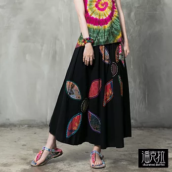 【潘克拉】雙花拼布長裙-F FREE黑