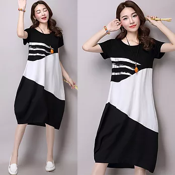 【NUMI】森-兩色撞色拼接棉麻連衣裙-共3色(L-XXL可選)XL黑色