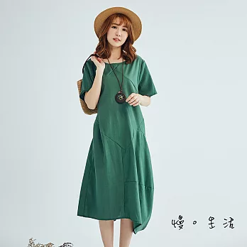 【慢。生活】幾何拼線棉麻連身裙(2色)-F　FREE綠
