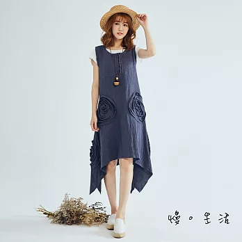 【慢。生活】手作捲花無袖棉麻連身裙(2色)-F FREE藍