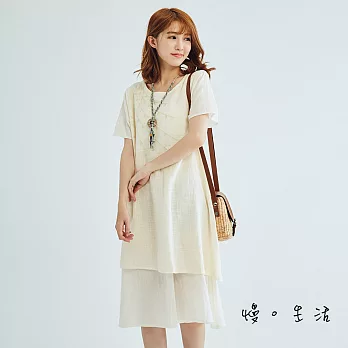 【慢。生活】簡約層次刺繡棉麻連身裙(2色)-F　FREE杏