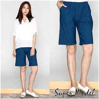 【名模衣櫃】繽紛色系 鬆緊五分反摺褲-共2色(M-XXL可選)M礦藍