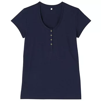 [MUJI無印良品]女有機棉節紗亨利領T恤S深藍