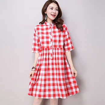 【A.Cheter】棉麻格紋寬鬆自然感洋裝(M~適穿) 605510009FREE紅