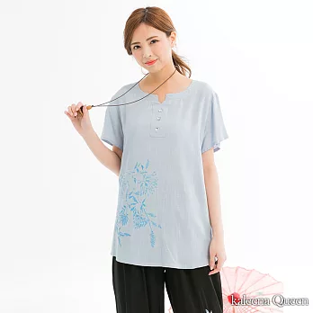 【Kaleena Queen】筆觸感花卉寬版上衣(2色)-F FREE藍