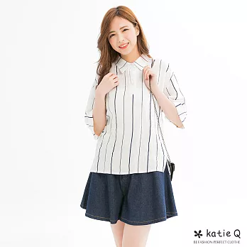 【KatieQ】寬直條寬版通勤上衣(2色)-F FREE白