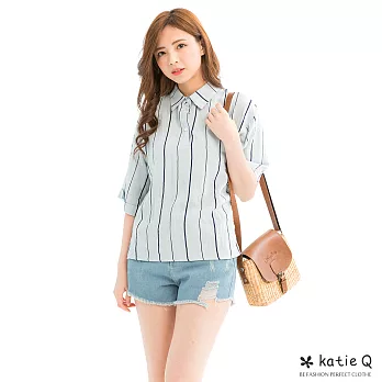 【KatieQ】寬直條寬版通勤上衣(2色)-F FREE藍