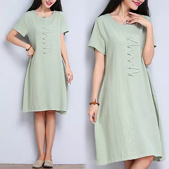 【NUMI】森-立體Z型盤扣亞麻連衣裙-共2色(M-2XL可選)XL淡綠色