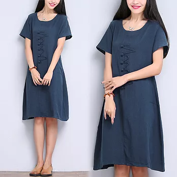 【NUMI】森-立體Z型盤扣亞麻連衣裙-共2色(M-2XL可選)L藏藍色