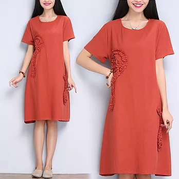 【NUMI】森-立體捲曲葉短袖連衣裙-共2色(M-2XL可選)L橘紅色