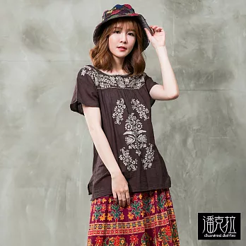 【潘克拉】手工對稱繡花上衣(3色)-F FREE咖