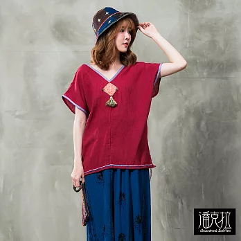 【潘克拉】手繡方塊流蘇設計款上衣(3色)-F　FREE紅
