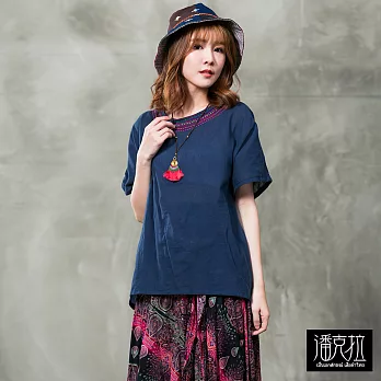 【潘克拉】彩線圓領設計款上衣(3色)-F FREE藍