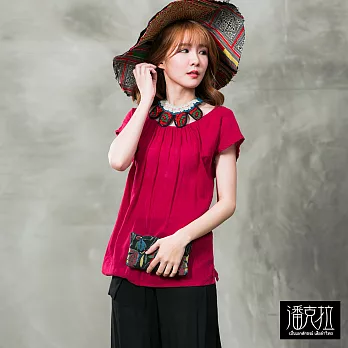 【潘克拉】手搖繡縷空領設計款上衣(2色)-F　FREE紅