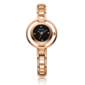 kimio 金米歐 KW-6100特色雙圈錶框水鑽刻度金屬手鍊錶/手鐲錶/手鍊女錶玫框黑面