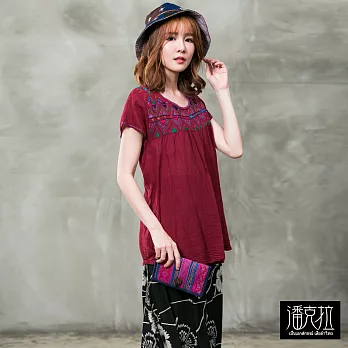 【潘克拉】民族風幾何繡線捲T(5色)-F FREE紅