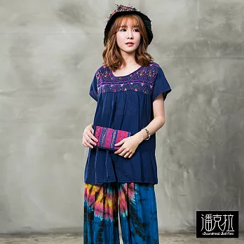 【潘克拉】民族風幾何繡線捲T(5色)-F FREE深藍