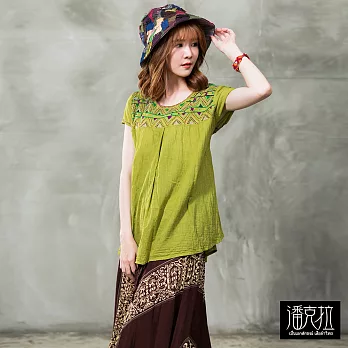 【潘克拉】民族風幾何繡線捲T(5色)-F FREE綠