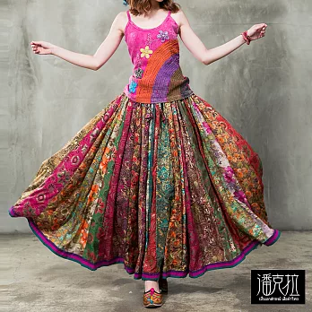 【潘克拉】印度金絲花布百褶長裙-F FREE花布