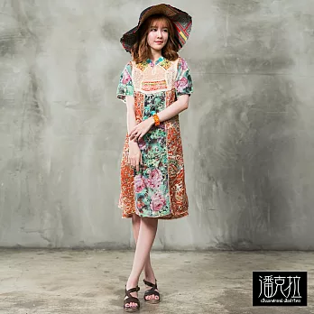 【潘克拉】印度金線拼接短袖洋裝-F FREE拼布